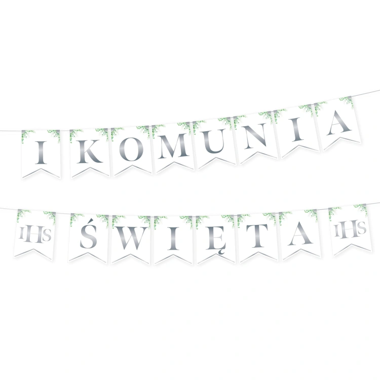 Baner komunijny I Komunia Święta Eukaliptus srebrny 4.jpg